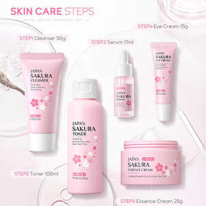 Facial Skin Care Set Skin Cleaning Sakura Skincare Set For Women Girls With Cleanser Toner Face Serum Cream Eye Cream