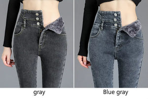 Thermal Winter Thick Fleece High-waist Warm Skinny Jeans Thick Women Stretch Button Pencil Pants Mom Casual Velvet Jeans