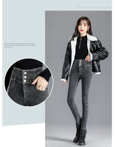 Thermal Winter Thick Fleece High-waist Warm Skinny Jeans Thick Women Stretch Button Pencil Pants Mom Casual Velvet Jeans