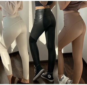 MiuKoMiYa Warm Fleece Winter Leather Pants For Women 2024 Black PU Trousers Womens Fleeced Leather Women's Pants PU Leggings