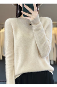 New autumn and winter 100% Merino pure color O-neck cashmere sweater women's casual knitted top pullover