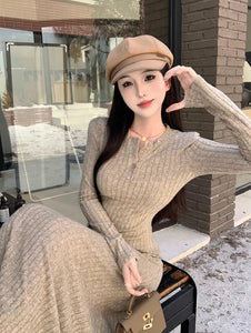 Elegant Slim High Waist Knit Dresses Women Autumn Winter Long Sleeve Thick Warm Long Dress Ladies Vintage Streetwear Vestidos