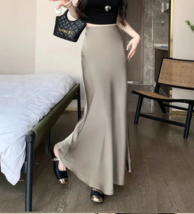 Women's Long Skirt Summer Silk High Waisted Satin Skirt 2024 Slim Fashion Korean Solid Champagne Black Midi Skirts for Women