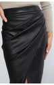 Women Leather Skirt Midi High Waist Elegant Autumn Zipper PU Front Slit Skirts Ladies Black Faux Leather Folded Skirt For Women