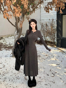 Elegant Slim High Waist Knit Dresses Women Autumn Winter Long Sleeve Thick Warm Long Dress Ladies Vintage Streetwear Vestidos