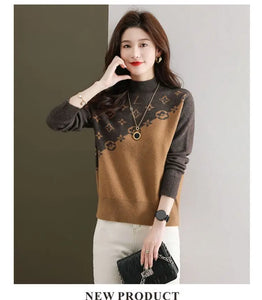 Half Turtleneck Sweater for Women Autumn Winter 2024 New Mother's Wear with Jacquard Casual Loose Pullover Top Bottoming