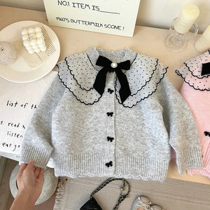 4607 Buy 2pcs Wholesale Girls Sweater 2024 Autumn Winter Korean Baby Girl's Knitted Sweater Bow Cardigan Coat