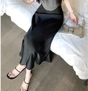 Women's Long Skirt Summer Silk High Waisted Satin Skirt 2024 Slim Fashion Korean Solid Champagne Black Midi Skirts for Women