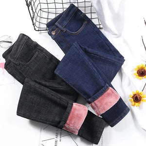 2023 Women Thermal Jeans Winter Snow Warm Plush Stretch Jeans Lady Skinny Thicken Fleece Denim Long Pants Retro Pencil Trousers