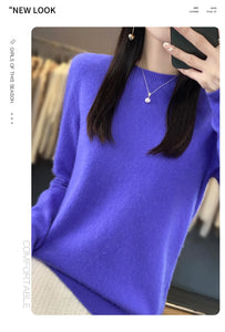 New autumn and winter 100% Merino pure color O-neck cashmere sweater women's casual knitted top pullover