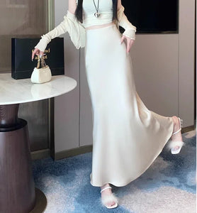 Women's Long Skirt Summer Silk High Waisted Satin Skirt 2024 Slim Fashion Korean Solid Champagne Black Midi Skirts for Women