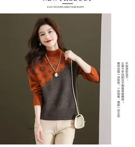 Half Turtleneck Sweater for Women Autumn Winter 2024 New Mother's Wear with Jacquard Casual Loose Pullover Top Bottoming