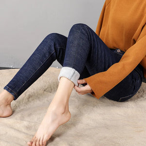 2023 Women Thermal Jeans Winter Snow Warm Plush Stretch Jeans Lady Skinny Thicken Fleece Denim Long Pants Retro Pencil Trousers