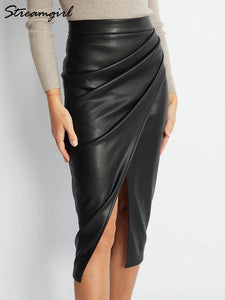 Women Leather Skirt Midi High Waist Elegant Autumn Zipper PU Front Slit Skirts Ladies Black Faux Leather Folded Skirt For Women