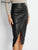 Women Leather Skirt Midi High Waist Elegant Autumn Zipper PU Front Slit Skirts Ladies Black Faux Leather Folded Skirt For Women