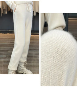 100% Merino wool cashmere women's knitted wool pants in autumn and winter new elastic waist fashion feet pants.