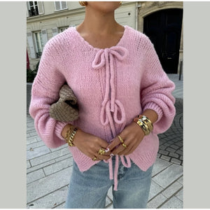 Fashion Casual Brown Lace Up Bow Knitted Cardigan O-neck Long Sleeve Hollow Out Sweater 2024 Autumn Female High Street Knitwear