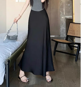 Women's Long Skirt Summer Silk High Waisted Satin Skirt 2024 Slim Fashion Korean Solid Champagne Black Midi Skirts for Women