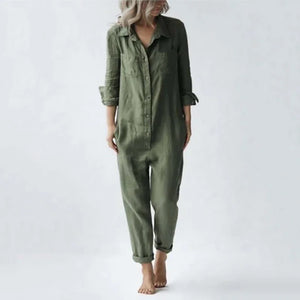 Cotton Linen Vintage Jumpsuits Women Single Breasted Button Design Turn-down Collar Long Sleeve Romper Solid Pockets Overalls