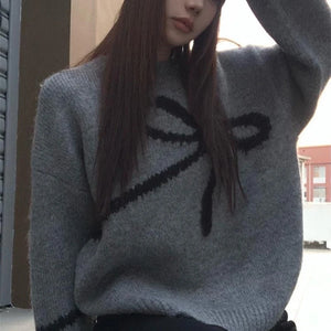 Deeptown Elegant Bow Sweaters Women Vintage Y2k Knitted Pullovers Autumn Winter Loose Long Sleeve Aesthetics Streetwear Jumpers