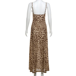 Ladies Vintage Leopard Print Women Sexy Spaghetti Strap Summer Dress Chic Swing Collar Backless Party Club Long Dresses Female