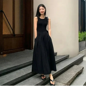 TKNOLEGE Summer New Round Neck SleevelessHigh Waist Temperament Female Fashion Style Dress Simple Elegant Black Long Dresses