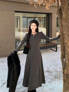 Elegant Slim High Waist Knit Dresses Women Autumn Winter Long Sleeve Thick Warm Long Dress Ladies Vintage Streetwear Vestidos