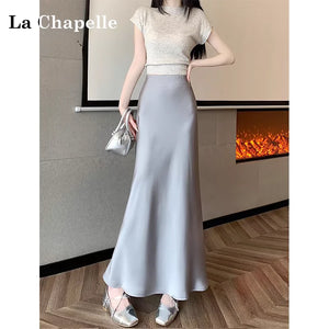 Women's Long Skirt Summer Silk High Waisted Satin Skirt 2024 Slim Fashion Korean Solid Champagne Black Midi Skirts for Women