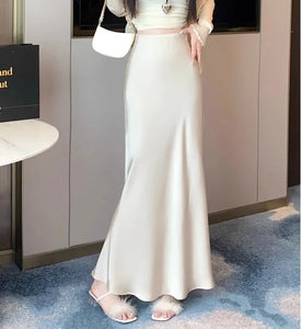 Women's Long Skirt Summer Silk High Waisted Satin Skirt 2024 Slim Fashion Korean Solid Champagne Black Midi Skirts for Women