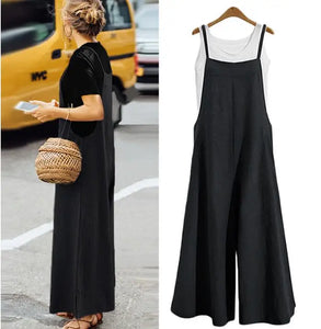 Women Straps Jumpsuit Summer Solid Color Wide Leg Pants Dungaree Bib Overalls Casual Loose Sleeveless Cotton Linen Jumpsuits 5Xl