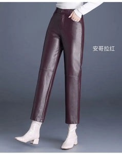 ZUZK Women PU Leather Pencil Pants High Quality Autumn Winter Elastic Waist Warm Ankle-Length Pants Elegant Leather Trousers