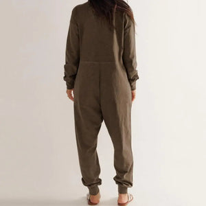 Women Jumpsuit V Neck Long Sleeve Loose Oversized Pockets Deep Crotch Baggy Ankle-banded Soft Lady Pajama