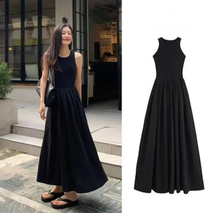 TKNOLEGE Summer New Round Neck SleevelessHigh Waist Temperament Female Fashion Style Dress Simple Elegant Black Long Dresses