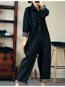 Oversized Denim Jumpsuit Suit Women Blue Denim Long Sleeve Playsuits High Waist New Fashion Tops Casual One Piece Outfit Women