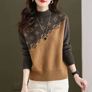 Half Turtleneck Sweater for Women Autumn Winter 2024 New Mother's Wear with Jacquard Casual Loose Pullover Top Bottoming