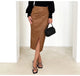 Women Leather Skirt Midi High Waist Elegant Autumn Zipper PU Front Slit Skirts Ladies Black Faux Leather Folded Skirt For Women