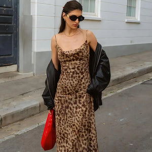 Ladies Vintage Leopard Print Women Sexy Spaghetti Strap Summer Dress Chic Swing Collar Backless Party Club Long Dresses Female