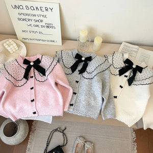 4607 Buy 2pcs Wholesale Girls Sweater 2024 Autumn Winter Korean Baby Girl's Knitted Sweater Bow Cardigan Coat