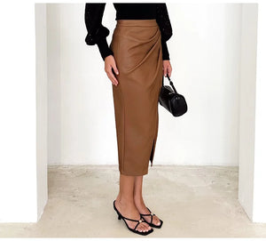 Women Leather Skirt Midi High Waist Elegant Autumn Zipper PU Front Slit Skirts Ladies Black Faux Leather Folded Skirt For Women