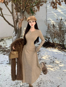 Elegant Slim High Waist Knit Dresses Women Autumn Winter Long Sleeve Thick Warm Long Dress Ladies Vintage Streetwear Vestidos