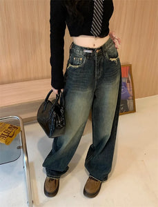 Women's Harajuku Style Loose Wide Leg Jeans Autumn Winter Street Fashion Retro Straight Loose Denim Trousers ﻿