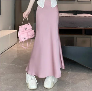 Women's Long Skirt Summer Silk High Waisted Satin Skirt 2024 Slim Fashion Korean Solid Champagne Black Midi Skirts for Women