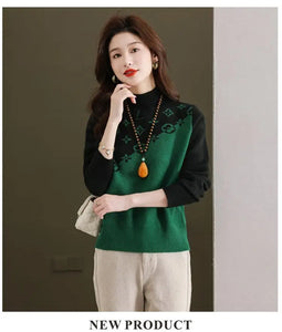 Half Turtleneck Sweater for Women Autumn Winter 2024 New Mother's Wear with Jacquard Casual Loose Pullover Top Bottoming