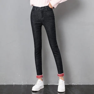 2023 Women Thermal Jeans Winter Snow Warm Plush Stretch Jeans Lady Skinny Thicken Fleece Denim Long Pants Retro Pencil Trousers