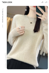 New autumn and winter 100% Merino pure color O-neck cashmere sweater women's casual knitted top pullover