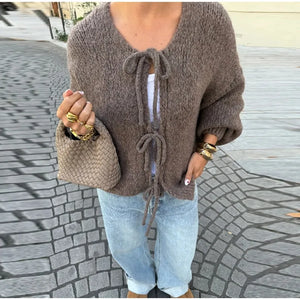 Fashion Casual Brown Lace Up Bow Knitted Cardigan O-neck Long Sleeve Hollow Out Sweater 2024 Autumn Female High Street Knitwear