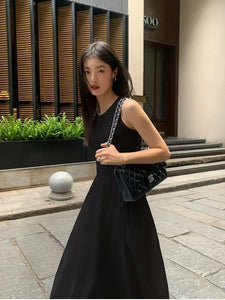 TKNOLEGE Summer New Round Neck SleevelessHigh Waist Temperament Female Fashion Style Dress Simple Elegant Black Long Dresses