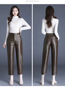 ZUZK Women PU Leather Pencil Pants High Quality Autumn Winter Elastic Waist Warm Ankle-Length Pants Elegant Leather Trousers