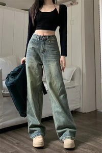 Vintage 90S Baggy Straight Denim Trousers Female Y2K High Waist Loose Wide Leg Jeans Women Streetwear All-Match Casual Pants New