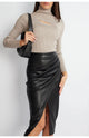 Women Leather Skirt Midi High Waist Elegant Autumn Zipper PU Front Slit Skirts Ladies Black Faux Leather Folded Skirt For Women